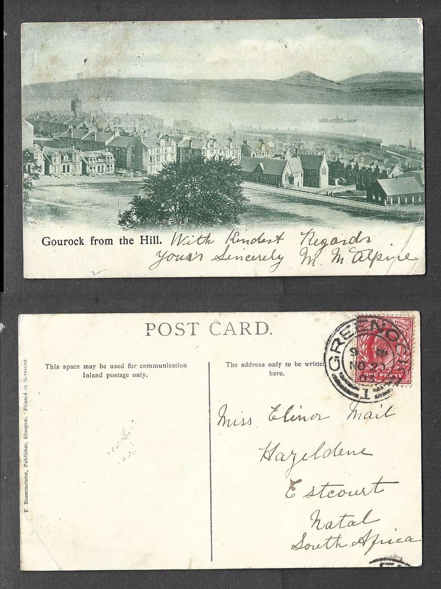 Scotland, post card, Gourock from the Hill, used 1d, GREENOCK NO 20 03 cds > Natal