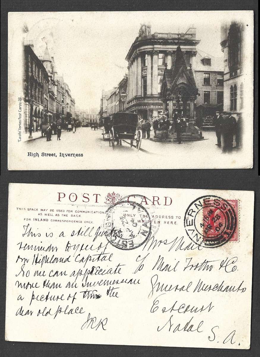 Scotland, postcard,High Street,Inverness, used 1d, INVERNESS MR 28 04 cds > ESTCOURT NATAL