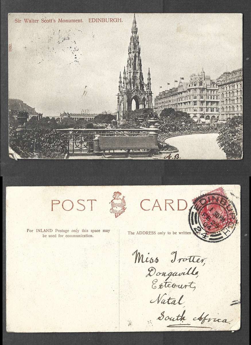 Scotland, postcard, used 1d, Sir Walter Scott's Monument, Edinburgh, EDINBURGH FE 29 04 cds > Natal
