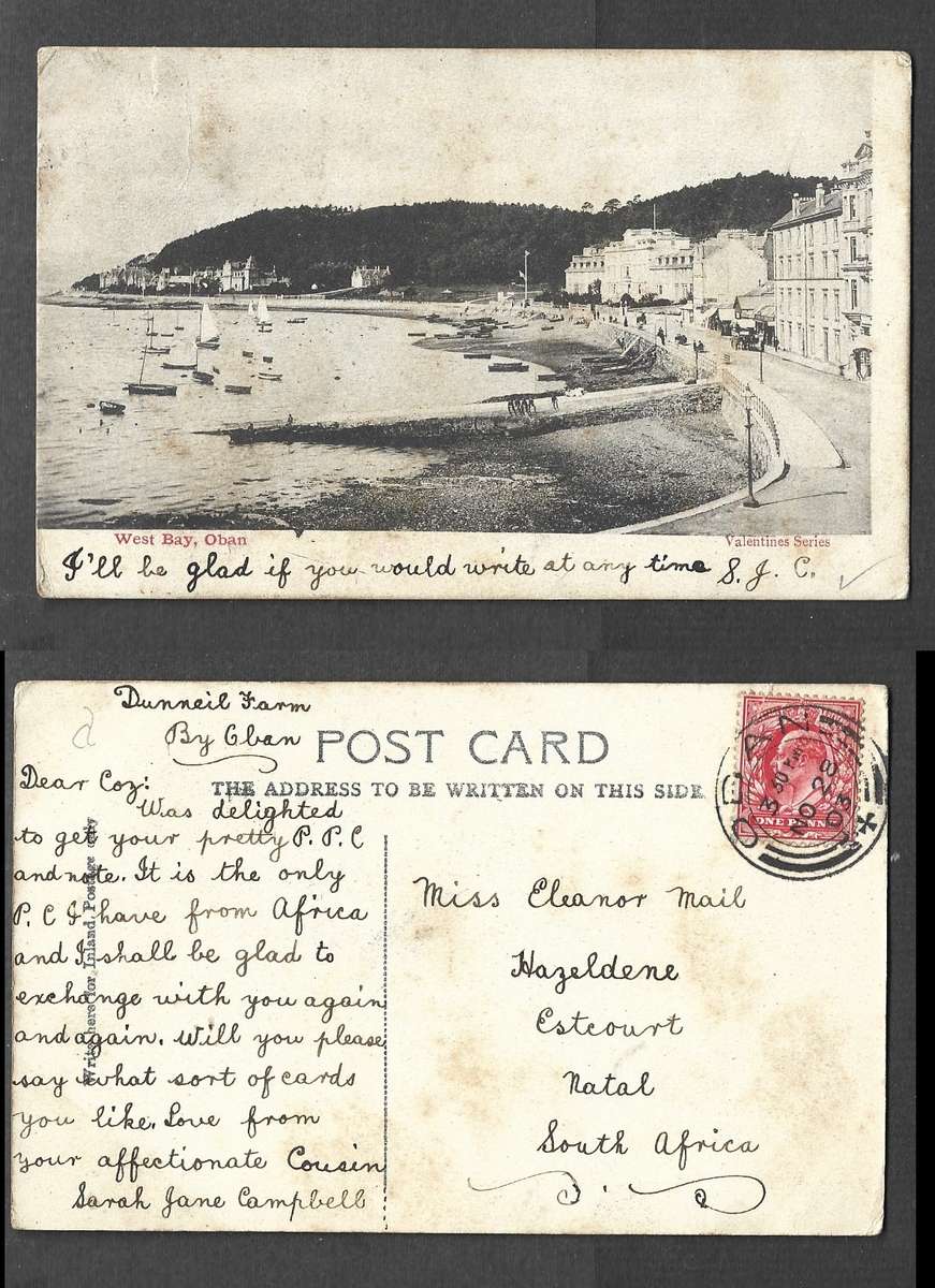 Scotland, postcard, used 1d, West Bay Oban, OBAN NO 28 03 cds > Natal