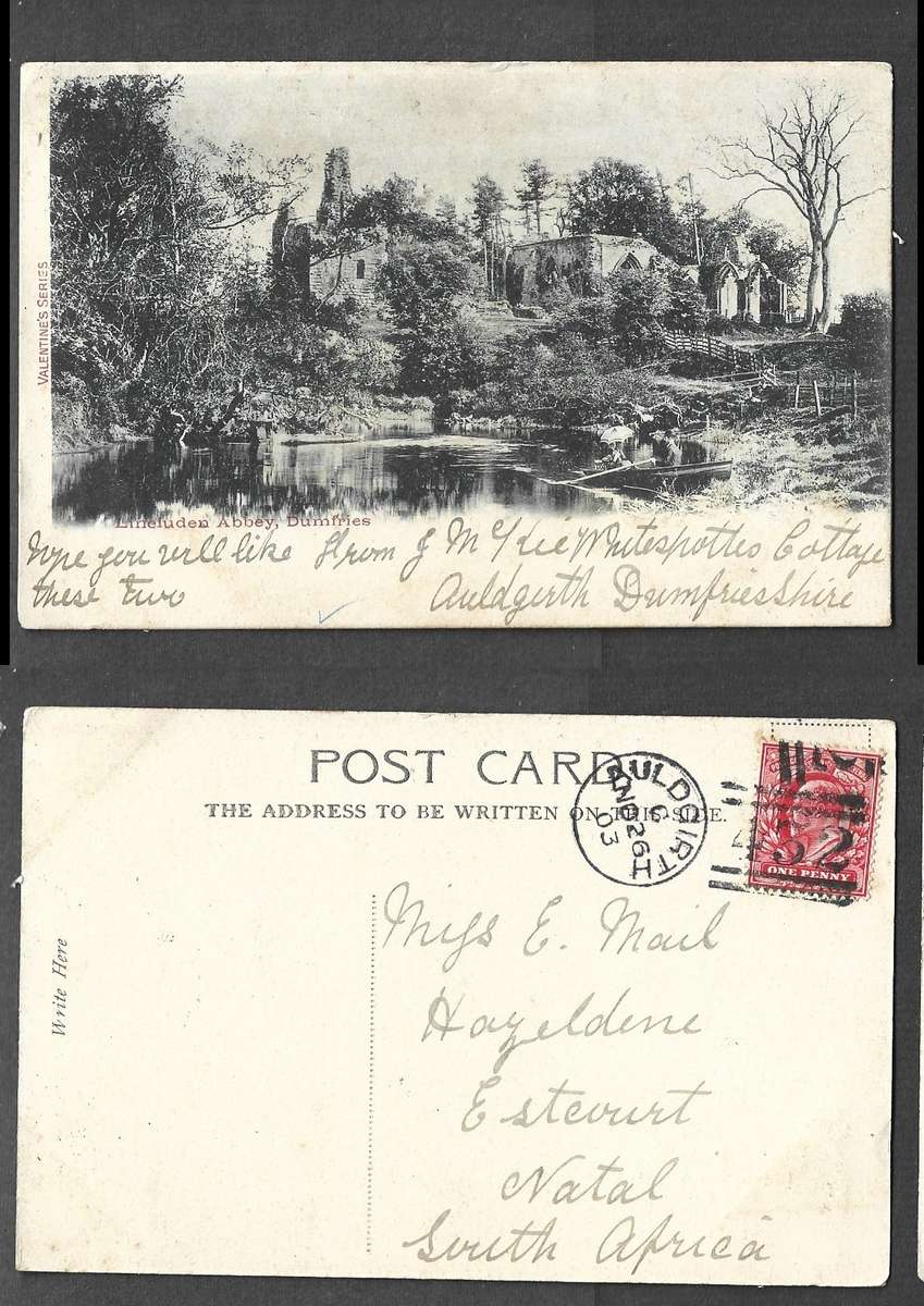 Scotland, post card, Lincluden Abbey, Dumfries,  used 1d, AULDGIRTH NO 26 03 / 432 duplex > Natal