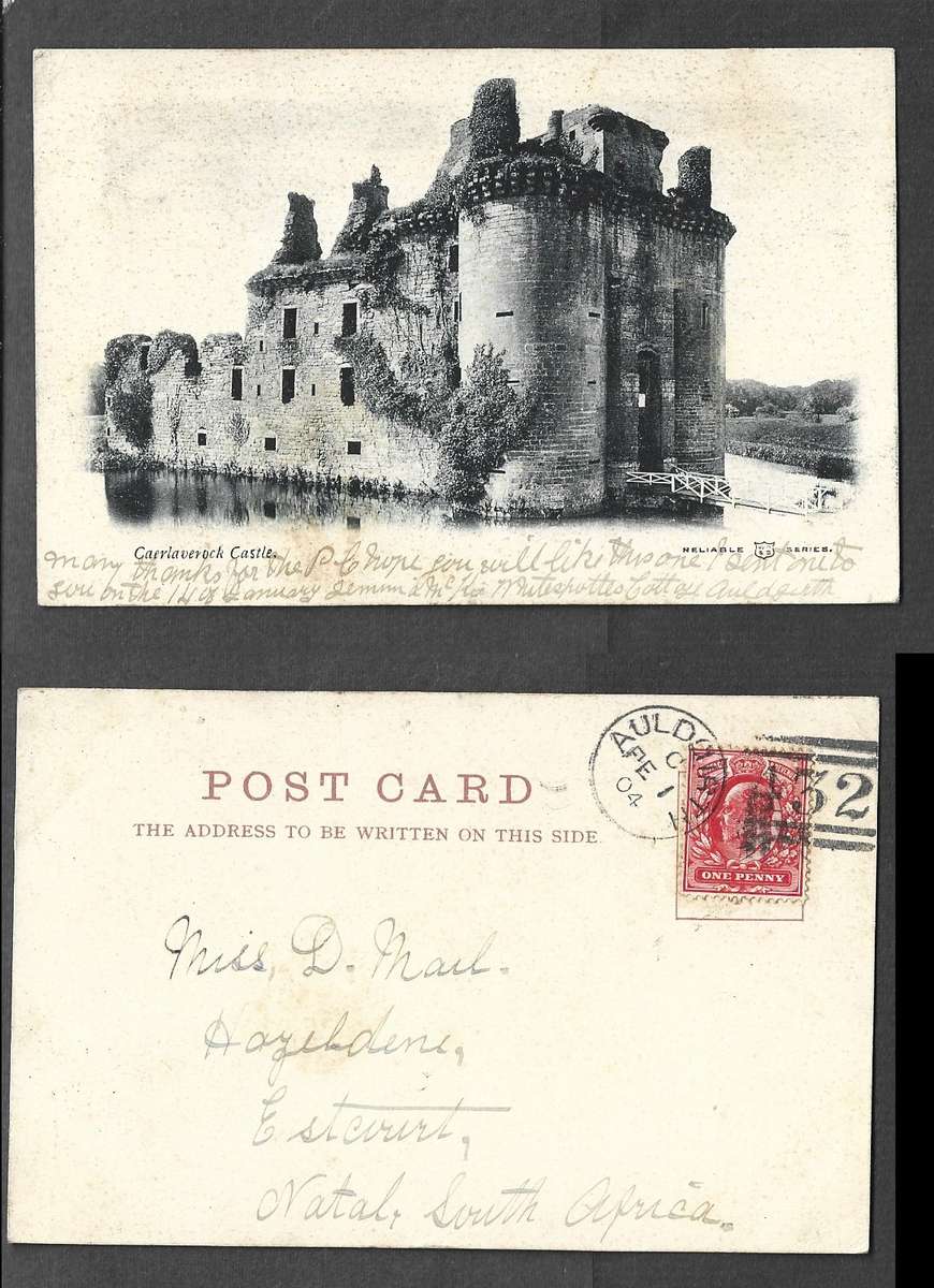 Scotand, post card, Caerlaverock Castle used 1d, AULDGIRTH FE 1 04 - 432 duplex, > Natal