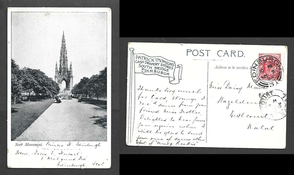 Scotand, post card,Scott Monument (Edinburgh) used 1d,  EDINBURGH -31- MY 9 04 cds, > ESTCOURT NATAL