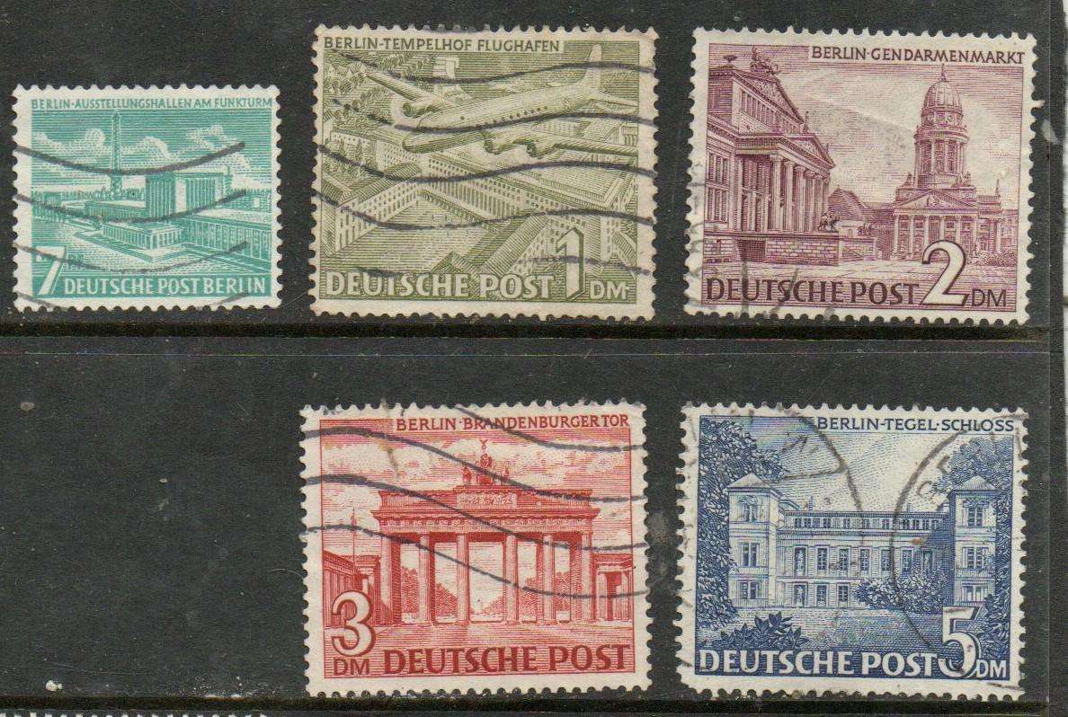 Germany, West Berlin, 1949, architecture, 7pf, 1DM, 2DM, 3DM, 5DM, used