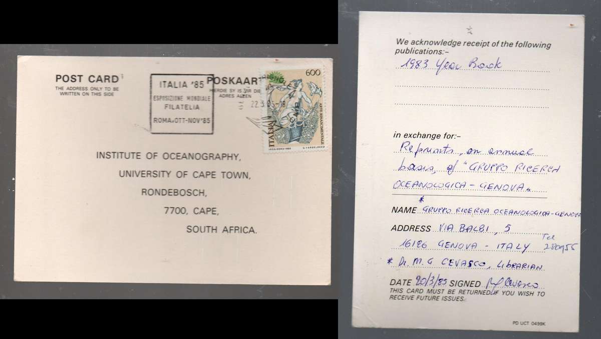 Italy, ITALIA '85 International Stamp Exhibition Rome logo, L600, GENOVA 22.3.85 cds> S.Africa