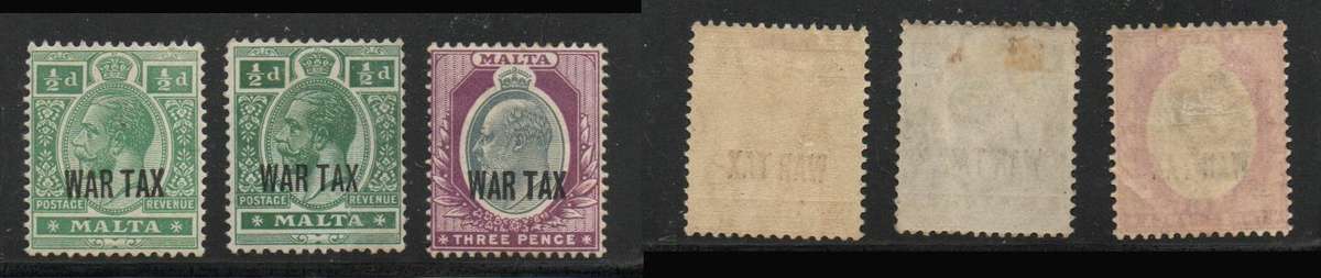 Malta, 1917,  WAR TAX overprinted on 1/2d, 1/2d, 3d. MH *