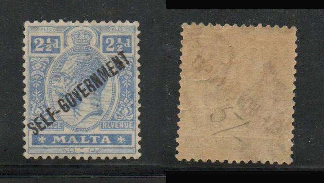 Malta, 1922, 2 1/2d blue, overprinted SELF - GOVERNMENT, MH *