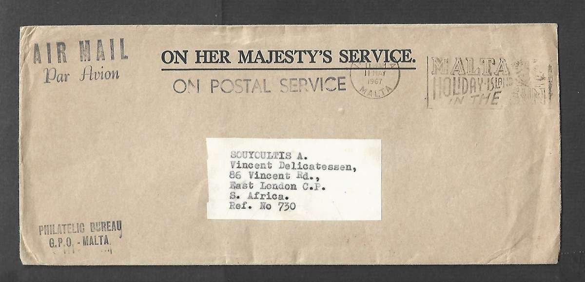 Malta OHMS, Philatelic Bureau, VALETTA MALTA 11 MAY 1967 + MALTA HOLIDAY ISLAND IN THE SUN