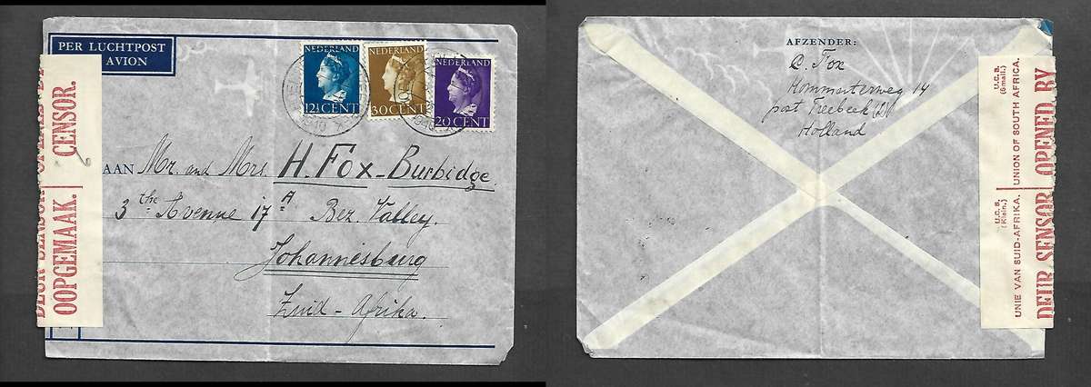 Netherlands, air mail, 62 1/2cents, HOENSBROEK-TREEBEEK  -6.V.1940 > S. Africa, Union Censor label