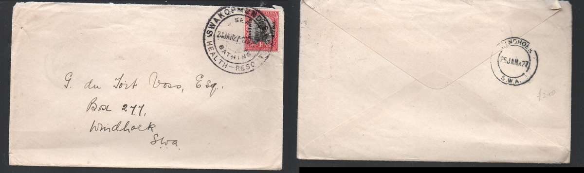 South West Africa 1d SWAKOPMUND HEALTH RESORT  SEA BATHING 24 JAN 27cds > WINDHOEK 30 AUG 32 arrival