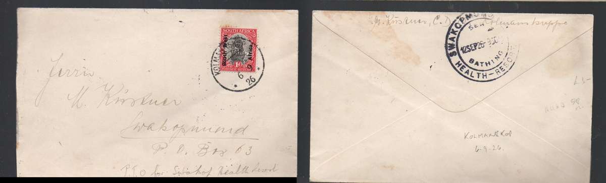 South West Africa 1d KOLMANSKOP 6.9.26 cds > SWAKOPMUND HEALTH RESORT  SEA BATHING 24 JAN 27 arrival