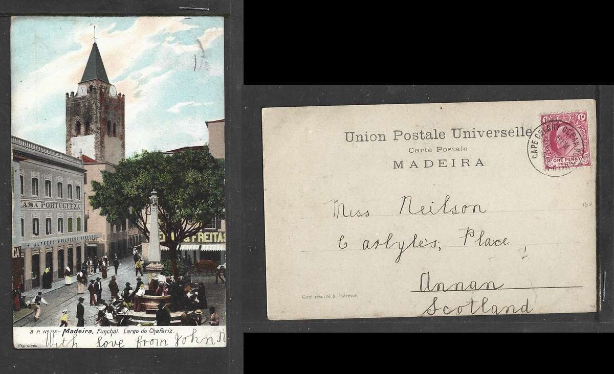 Madeira PPC, used CoGH 1d, CAPE COLONY OCEAN POST OFFICE FEB 21 0.. cds > Scotland