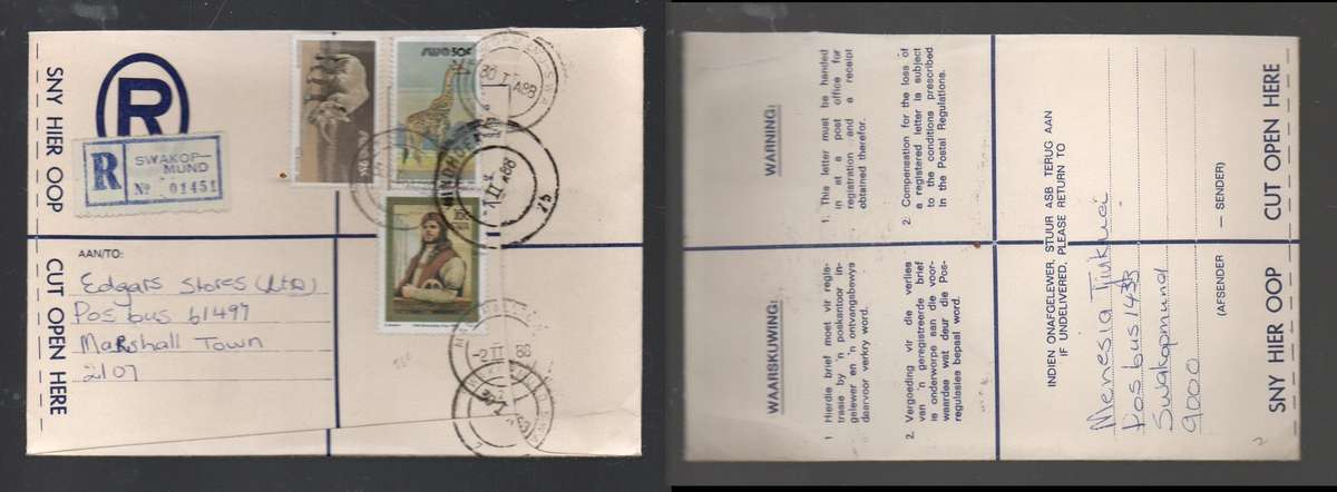 South West Africa, registered 91cents, SWAKOPMUND 30 I 88cds > MARSHALL TOWN, WINDHOEK transit