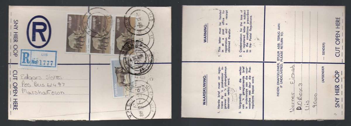 South West Africa, registered 91cents, UIS 1 II 88 cds > MARSHALL TOWN, WINDHOEK transit