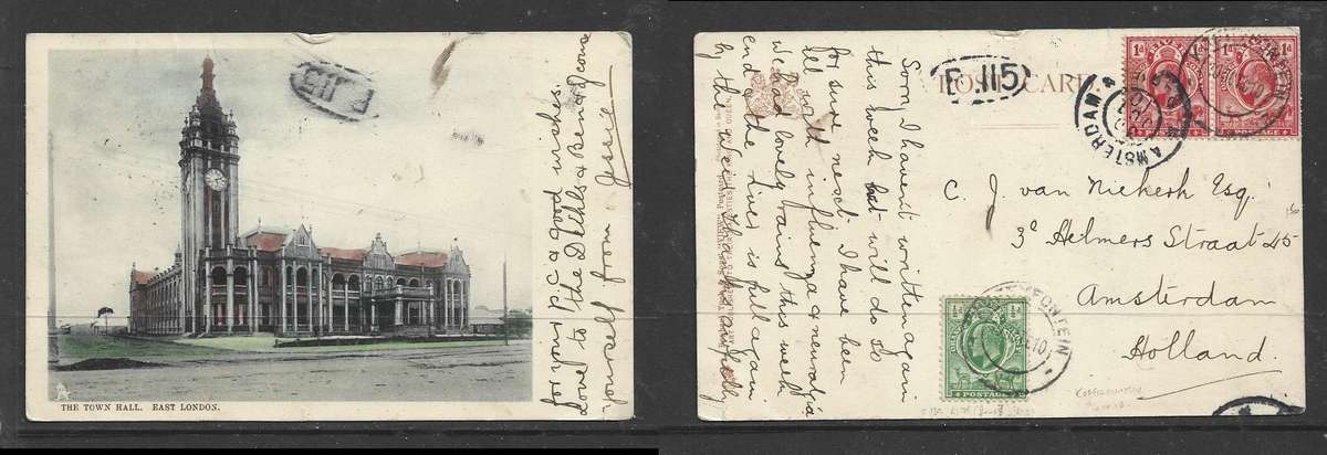 Town Hall, E. London PPC, used O.R.C. 2 1/2d, KOFFYFONTEIN 10 OC 10 > AMSTERDAM 30 OCT 10