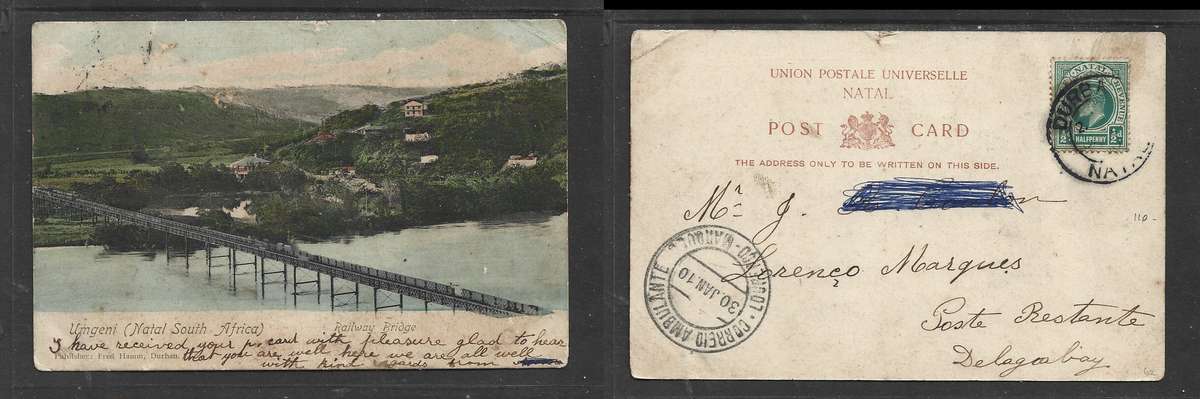 Railwy bridge, Umgeni, Natal, 1/2d, DURBAN c.d.s > LOURENCO MARQUES30 JAN 10