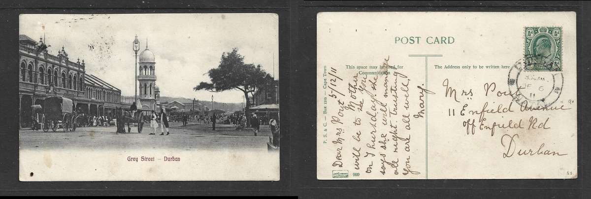 Grey Street, Durban, used Transvaal 1/2d, DURBAN DE 6 11 > Durban