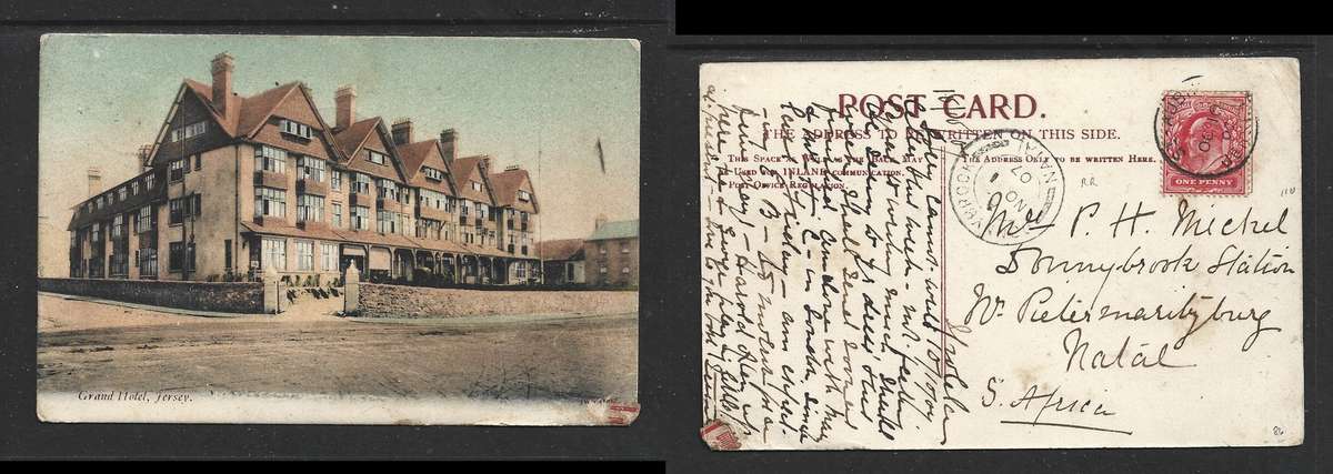 Grand Hotel Jersey, 1d, ST AUBIN OC 10 07 cds . DONNYBROOK NATAL NO/1/07 arrival c.d.s