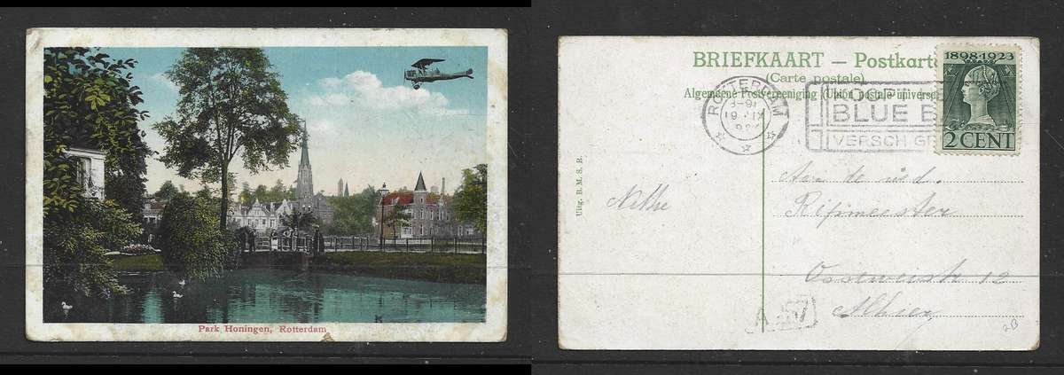 PPC Rotterdam Park Honingen with bi-plane, 2c Jubilee, ROTTERDAM 19 IX 1924 c.d.s. + slogan