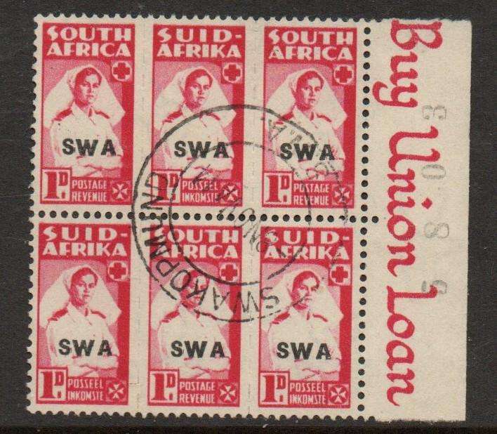 South West Africa 1943-4, small wars, 1d of S.Africa opt  S.W.A., block used