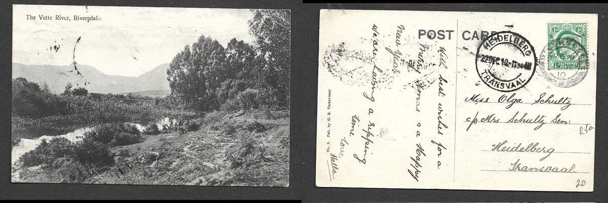 PPC Vette River, Riversdale, used, CoGH 1/2d, RIVERSDALE 22 DEC 10 cds >HEIDELBERG TRANSVAAL