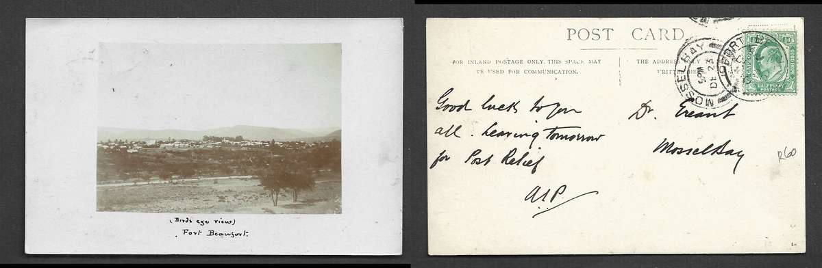 PPC, Birds Eye View Fort Beaufort used CoGH 1/2d, FORT BEAUFORT DE 20 10 cds > MOSSELL BAY