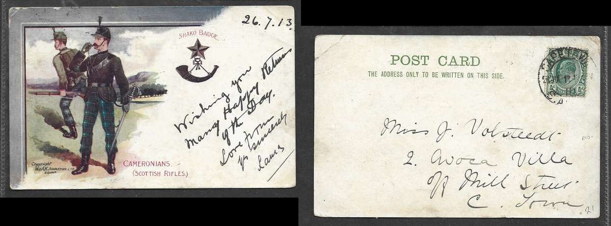 Cameronians PPC, Transvaal 1/2d, interprovincial used,CAPETOWN 29 JUL 13 cds > Cape Town