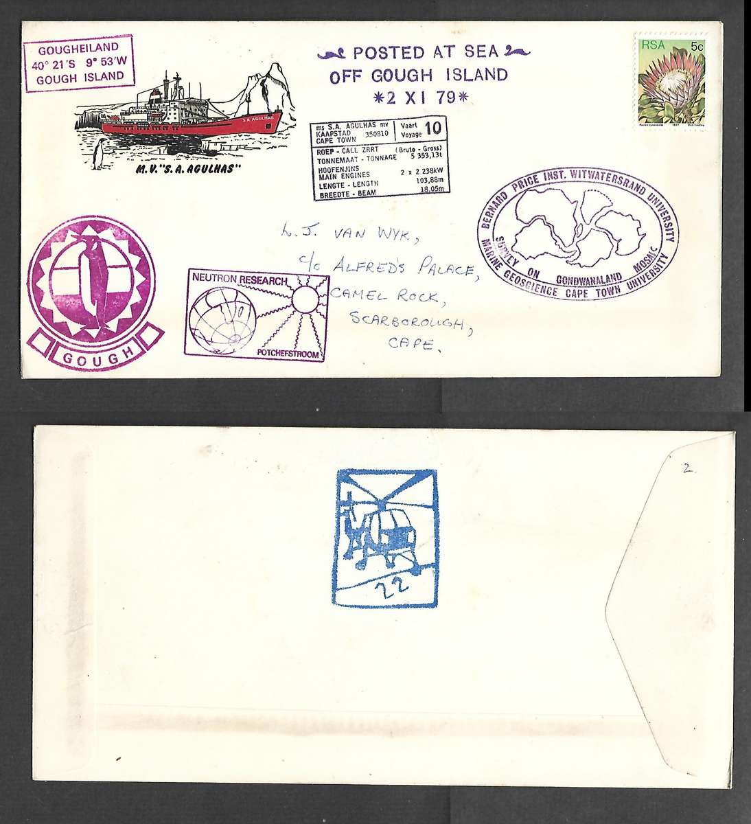 S. A. SS Agulhas UCT-WITS Gondwanaland Survey, Potch Neutron POSTED AT SEA OFF GOUGH ISLAND 2 XI 79