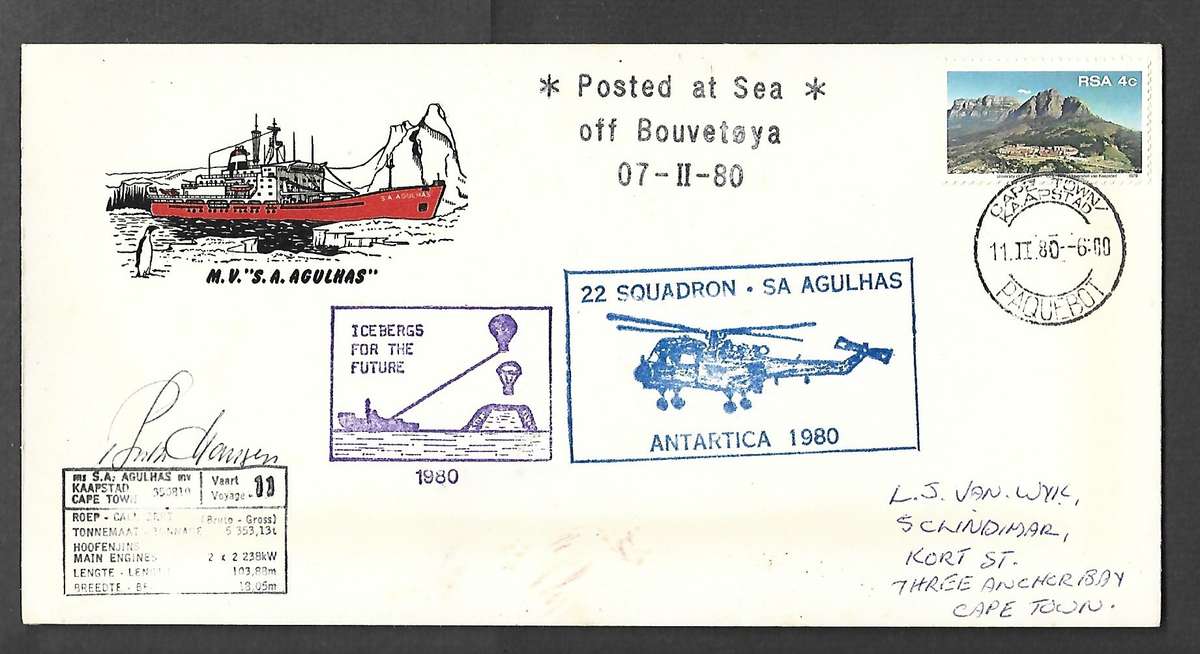 SS Agulhas, 22 Squadron, Icebergs, Posted at Sea off Bouvetoya 07-II, CAPETOWN PAQUEBOT 11.II.80 cds