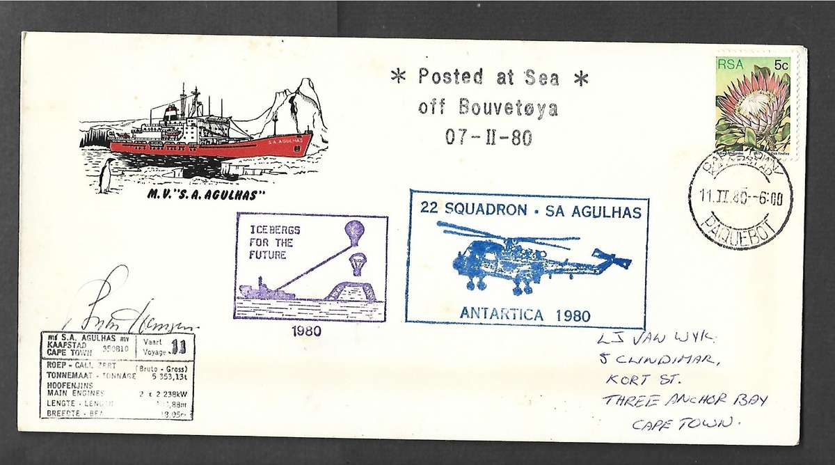 SS Agulhas, 22 Squadron, Icebergs, Posted at Sea off Bouvetoya 07-II, CAPETOWN PAQUEBOT 11.II.80 cds