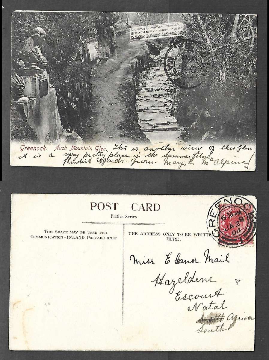 Scotland, Auch Mountain Glen, used 1d, GREENOCK-1- JA 29 04 cds > ESTCOURT NATAL