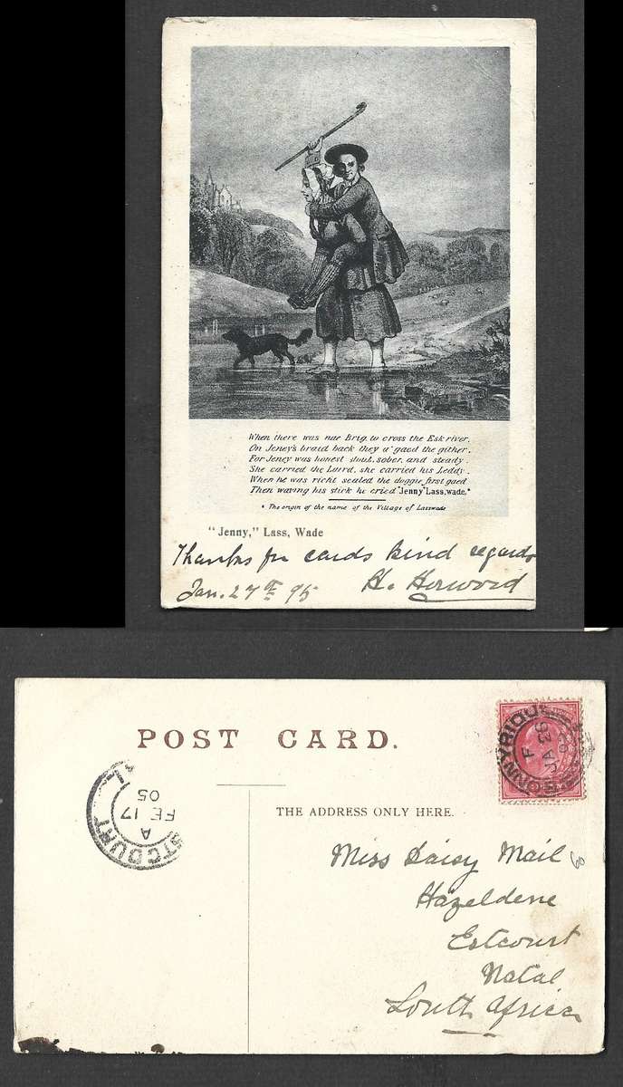 Scotland, "Jenny", Lass, Wade used 1d, BONNYRIGG-444- JA 26 05 cds > ESTCOURT NATAL