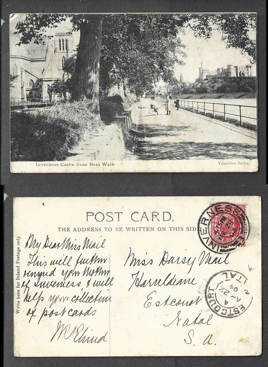 Scotland postcard Inverness Castle from Ness Walk, used 1d, INVERNESS-1-MR 28 04 cds> ESTCOURT NATAL