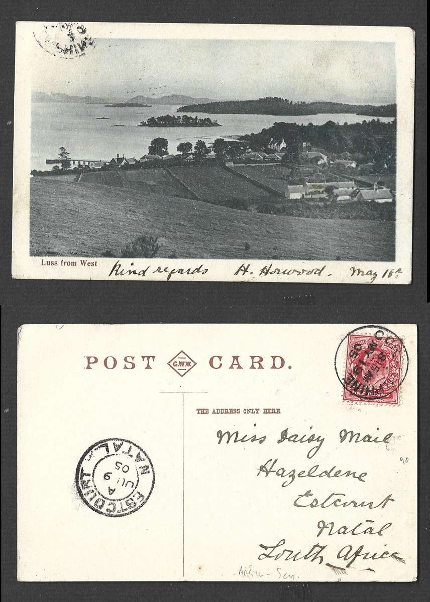 Scotland postcard Luss from West, used 1d, CORSTORPHINE MY 19 05 cds> ESTCOURT NATAL
