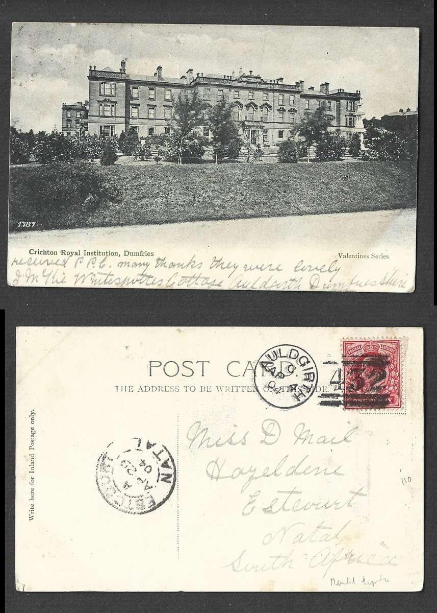 Scotland  Chrichton Royal Institution Dumfries used 1d, AULDGIRTH AP 4 04-432 duplex> ESTCOURT NATAL