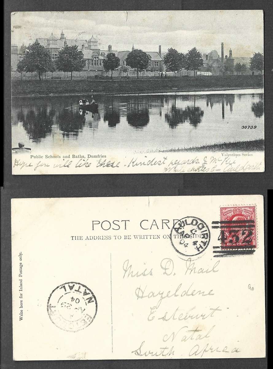 Scotland Public Schools and Baths Dumfries used 1d, AULDGIRTH AP 4 04-432 duplex> ESTCOURT NATAL