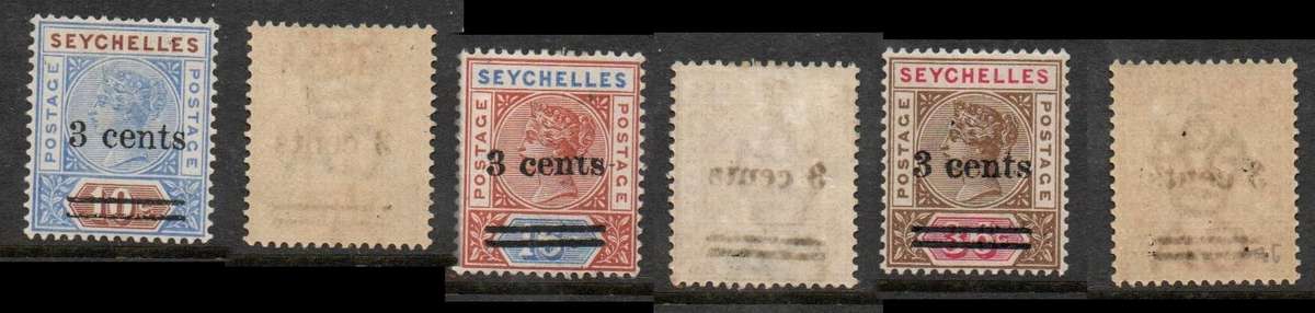 Seychelles, VRI, 1901, 3cents surcharges on 10c, 16c, 36c, MH *