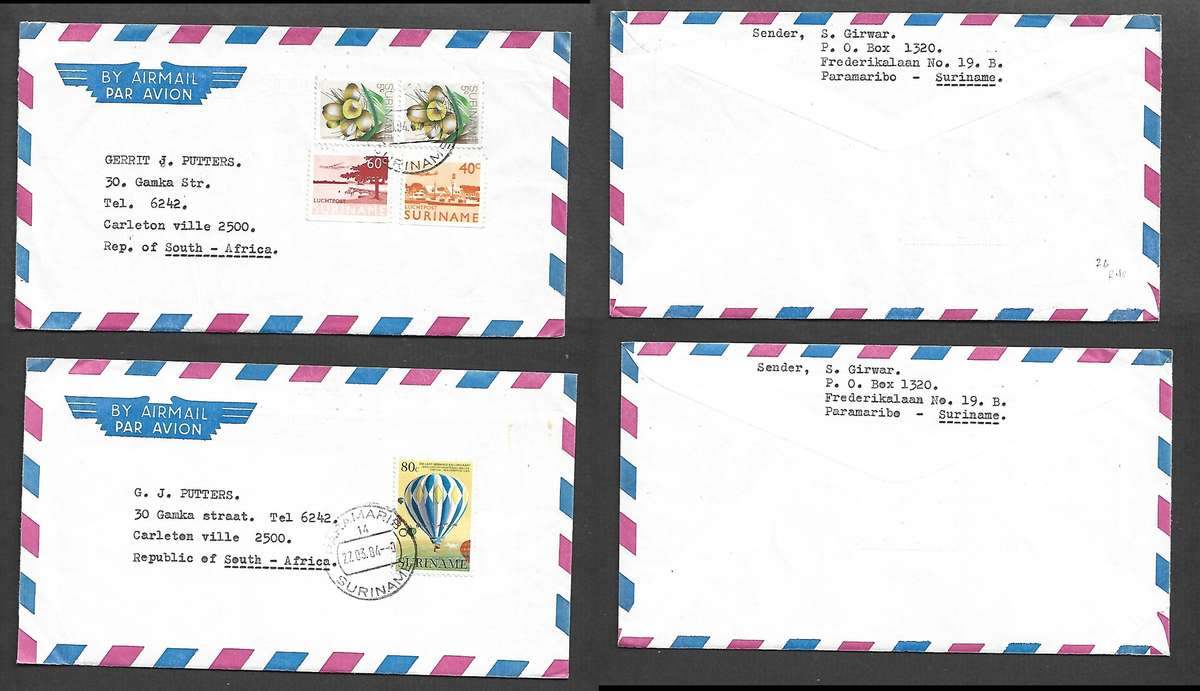 Surinam - 2 covers to S African collector, letters inside, PARAMARIBO 27 03.48 & ???