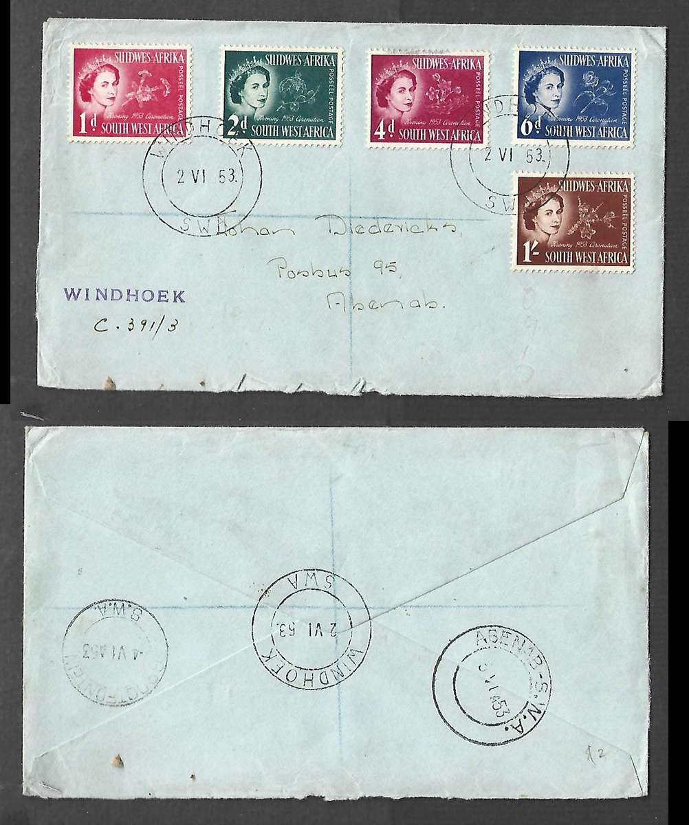 South West Africa, EIIR CORONATION WINDHOEK 2 VI 53 cds, 1st Day >ABENAB SWA, GROOTFONTEIN transit