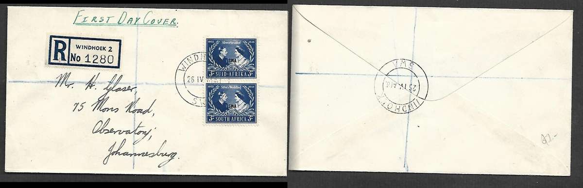 South West Africa, Royal Wedding. WINDHOEK 21 IV 48 cds, 1st Day registered  >Johannesburg