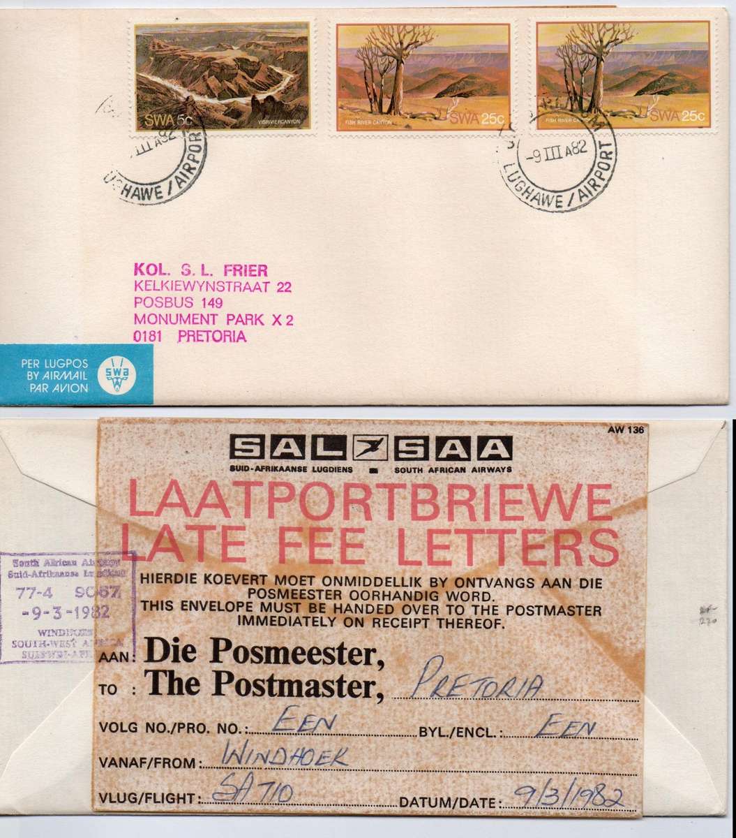 S. W. Africa JAN STRYDOM AIRPORT 9 III 82, SOUTH AFRICAN AIRWAYS/WINDHOEK LATE FEE LETTERS>Pretoria