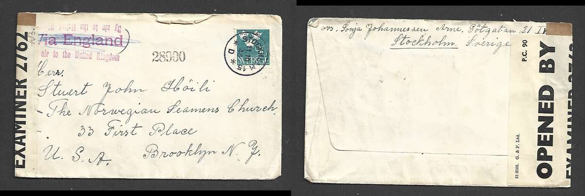 Sweden air mail 90ore, STOCKHOLM 11.10.43 cds,> USA, Opened by Examiner 2762 label