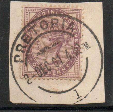 South Africa, Transvaal, 1d lilac of G.B. used on fragment PRETORIA 1- 2 DEC 01 c.d.s.