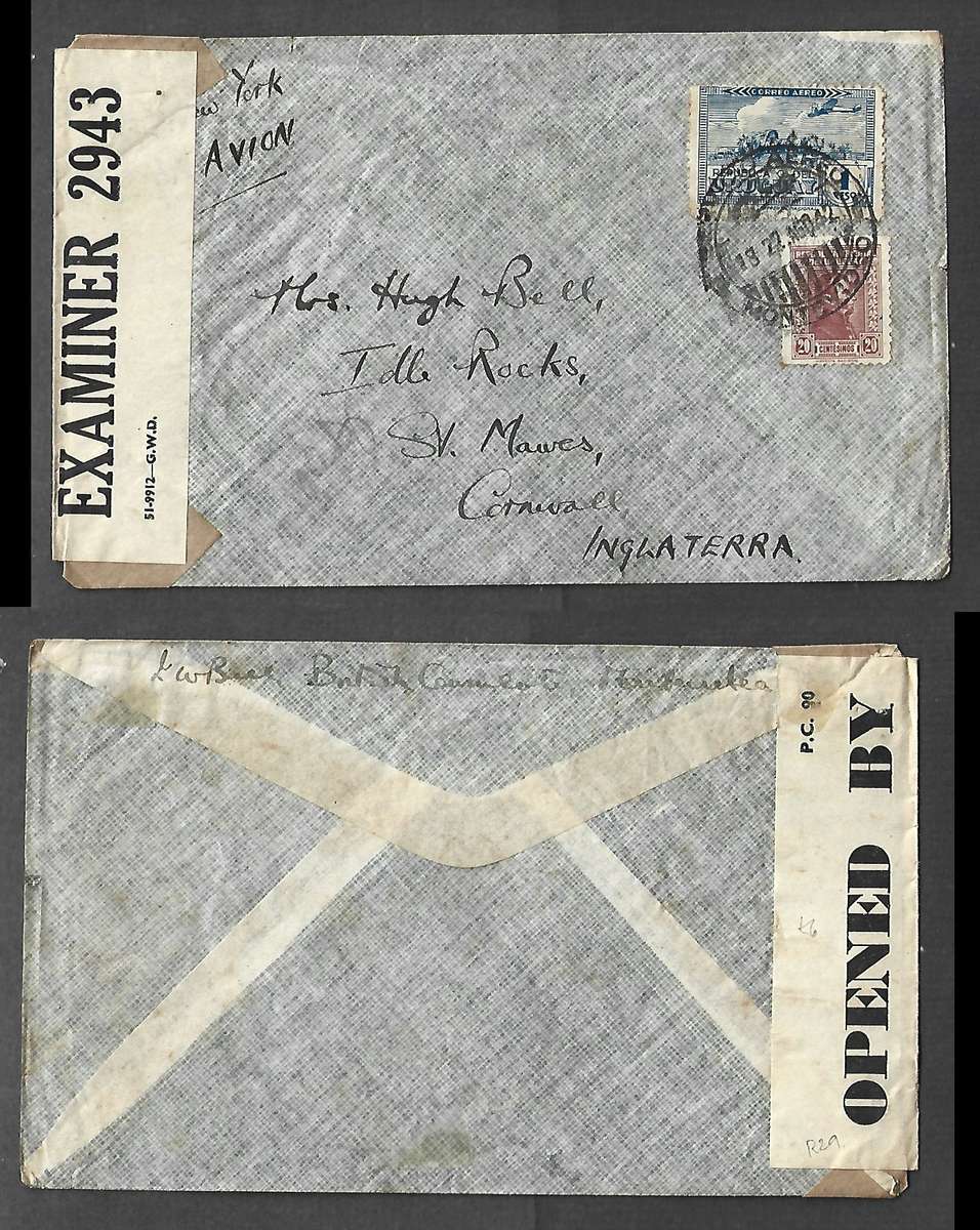 Uruguay, air mail, 1Peso20c, MONTEVIDEO 22 AGO 42 c.d.s.>England, via New York (ms) EXAMINER 2943