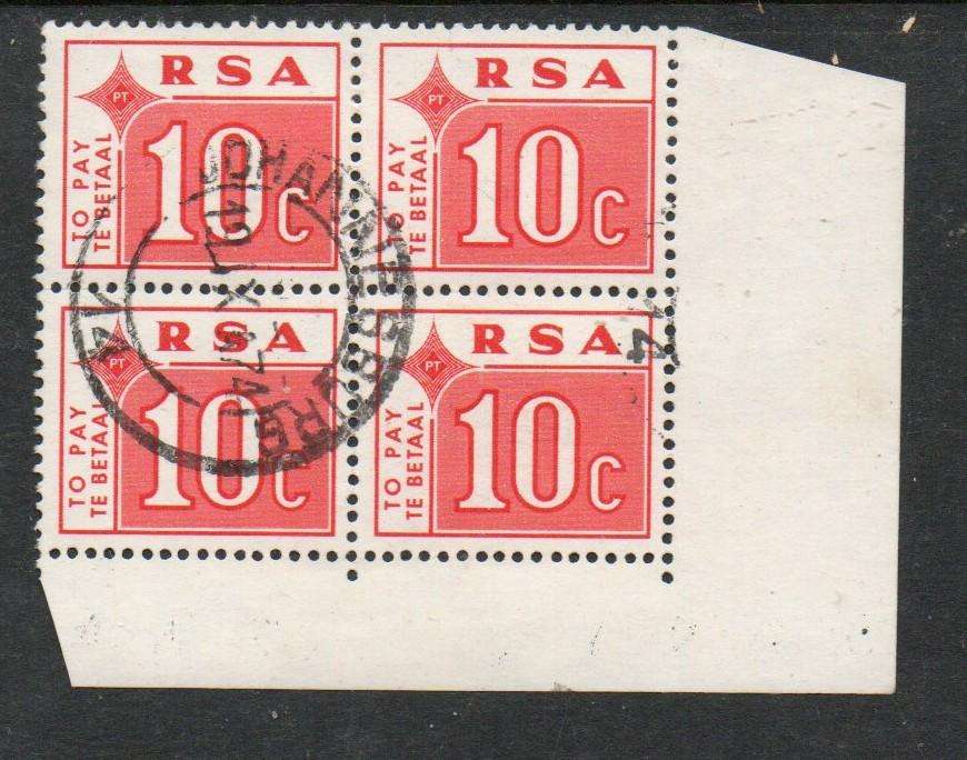 Republic of South Africa  1972, 10 cents postage due, corner marginal block,used