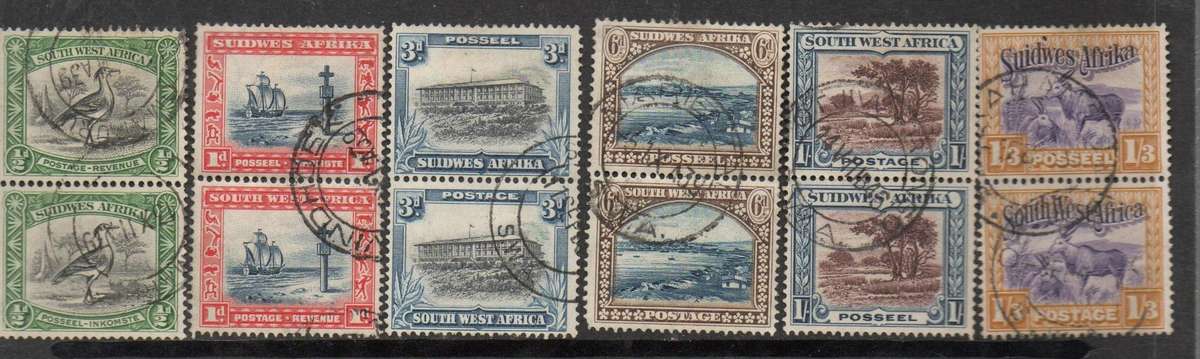 South West Africa. 1931, 1/2d, 1d, 3d, 6d, 1s, 1s3d, vertical pairs, used