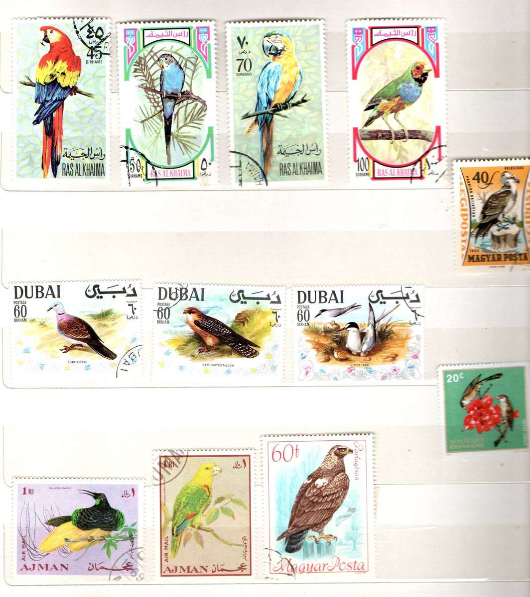 Birds, 12 stamps, Ras Al Khaima, Dubai, Ajman, Hungary, (c.to.o used) Rwanda (MH*)