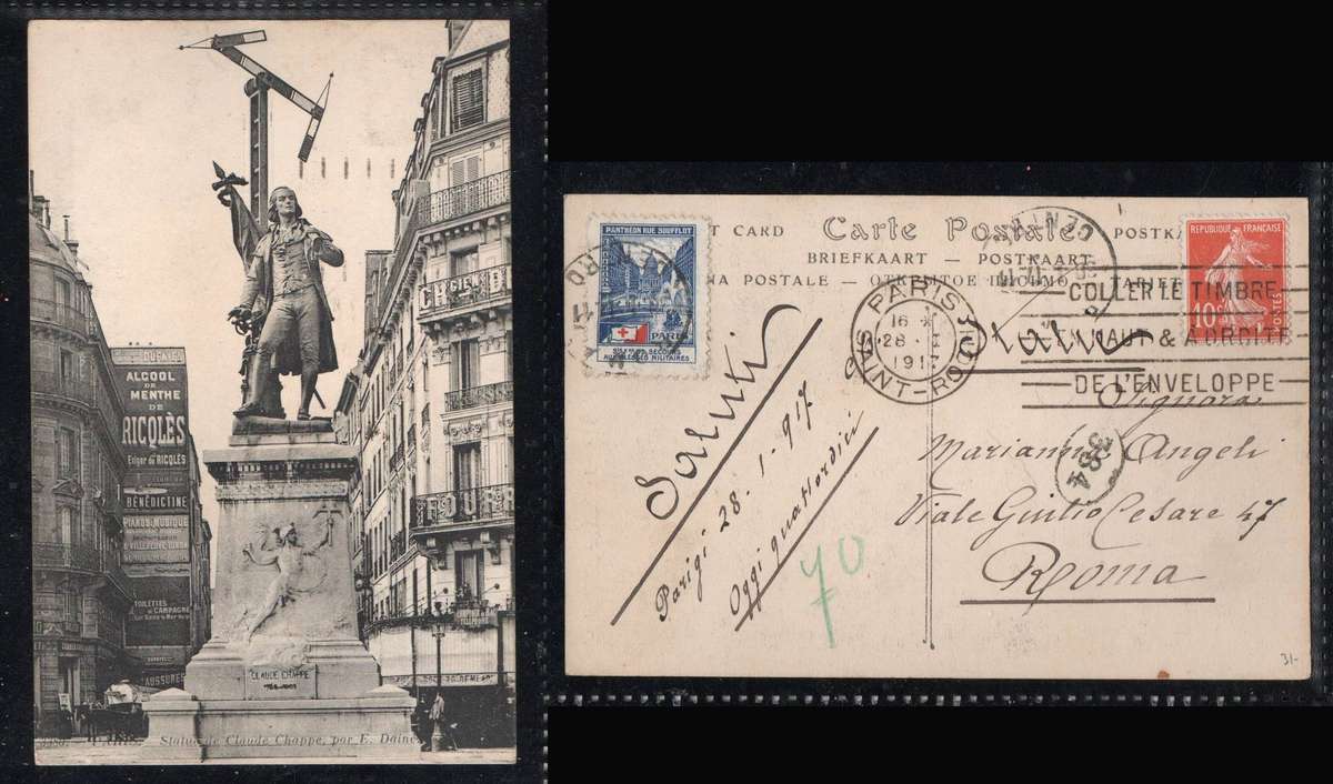 France, Claude Chappe statue, Paris, 10c, PARIS SAINT-ROCHE 29 I 1917 > ROMA , Red Cross label