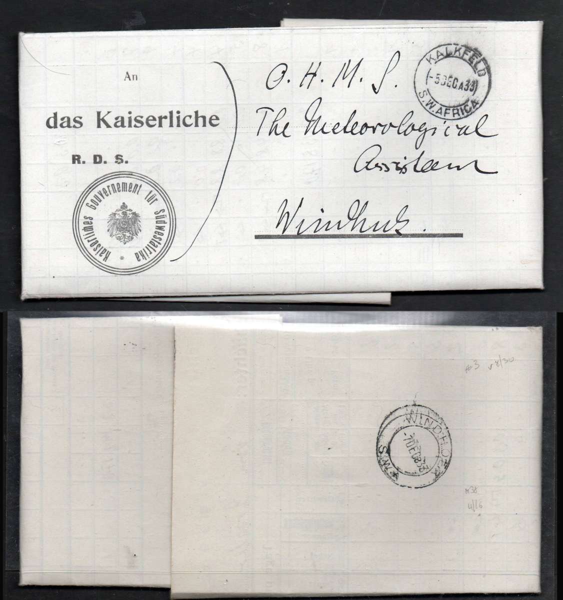 S. W. Africa Meterological Report November 1933, KALKFELD 5 DEC 33 cds > WINDHOEK