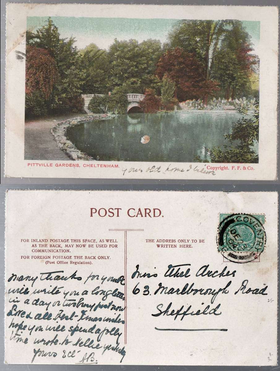 England, Pittville Gardens, Cheltenham PPC, used 1/2d COVENTRY DE 23 04 c.d.s.> Sheffield